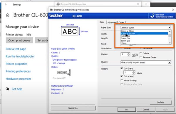 Setting Label Dimensions in Your Printer Settings