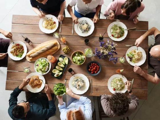 group of people eating from above