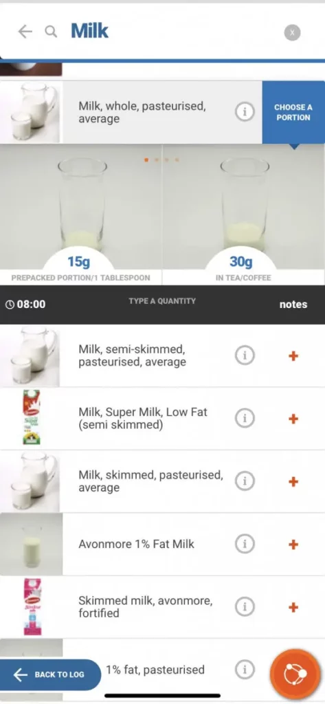 milk shown in nutritics