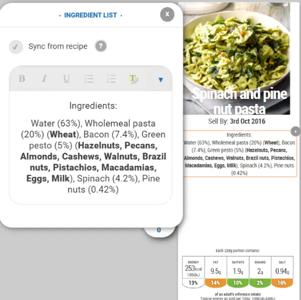 pesto pasta in nutritics app