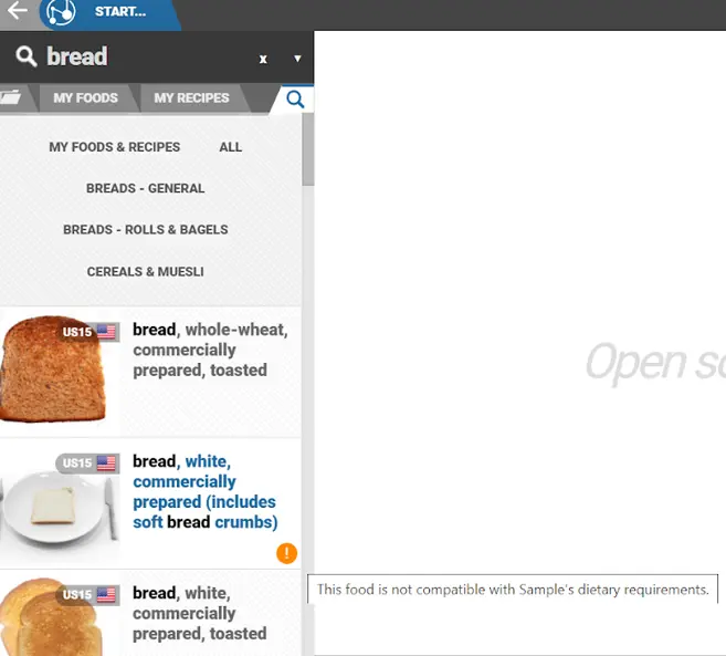 bread shown in nutritics