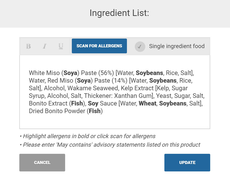 Automatica identification of allergens in Nutritics